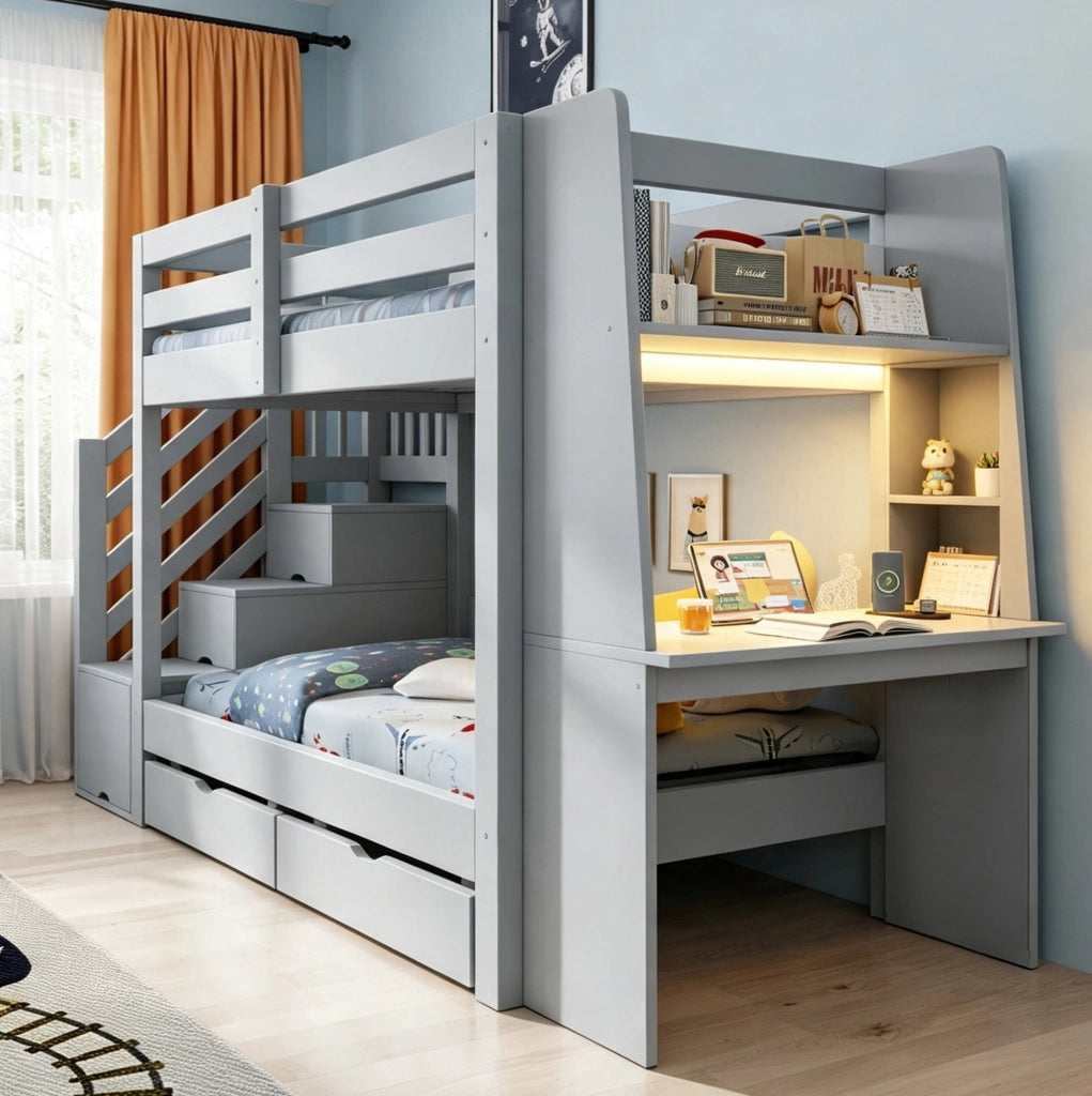Letto a castello multifunzionale in legno 90x200 cm con scrivania integrata, scala contenitore, LED e prese, colore grigio