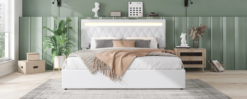 Letto matrimoniale imbottito 180x200 cm con sollevamento idraulico, illuminazione ambientale a LED e porta USB, colore bianco