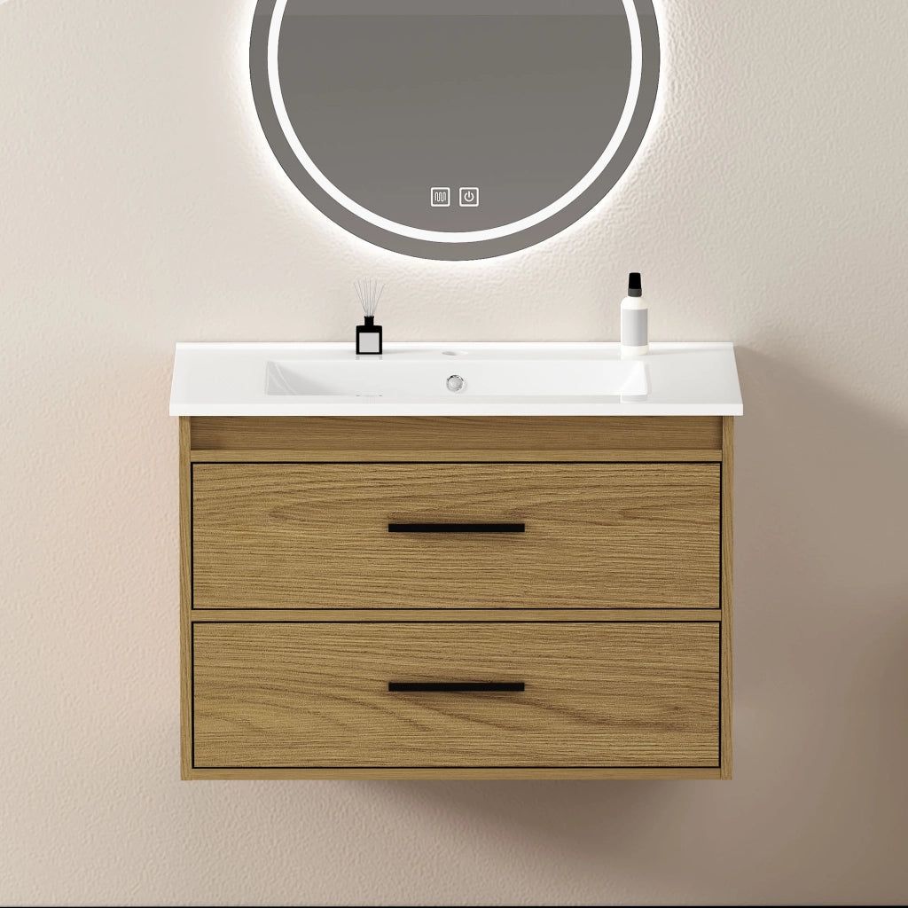 Armadietto da bagno con 2 cassetti in MDF e ceramica rovere chiaro larghezza 75 cm