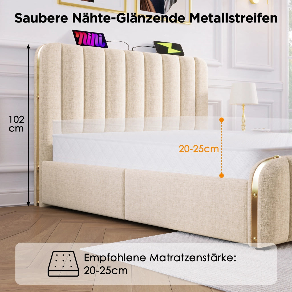 Letto Contenitore Matrimoniale Imbottito 160x200 cm con USB; USB-C; Cassetti; Testiera Contenitore; Beige