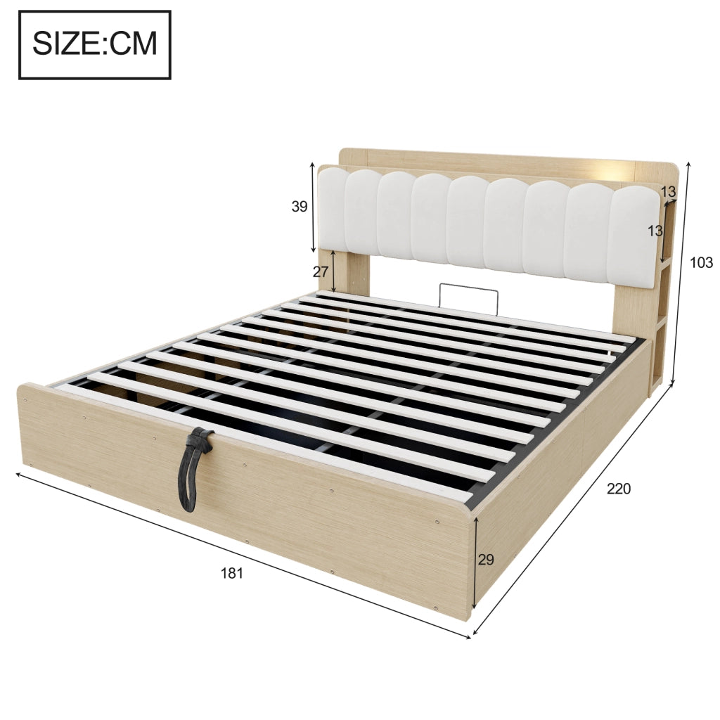 Letto contenitore 180 × 200 cm matrimoniale con prese USB, luce notturna e testiera imbottita, senza materasso