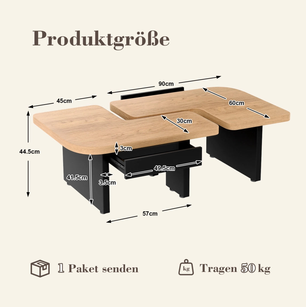 Tavolino da caffè con LED; 2 cassetti e 2 tavolini combinabili 90 x 60 x 44;5 cm; MDF naturale e nero
