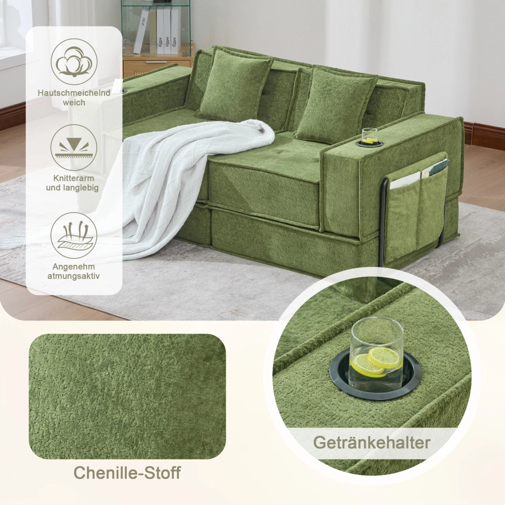 Divano modulare 2 posti - con tasche laterali e cuscini - in chenille verde