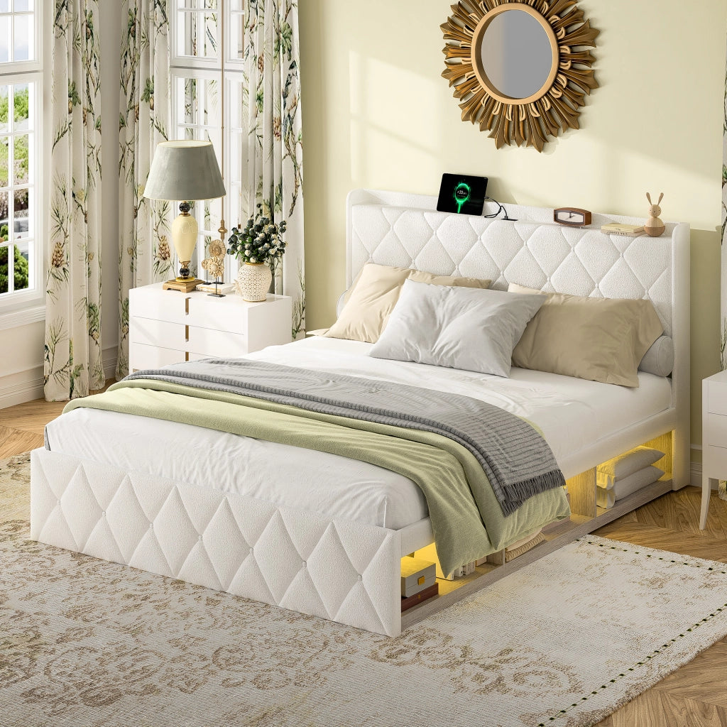 Letto imbottito 140 × 200 cm con testiera ad ali in tessuto Teddy bianco LED USB e prese integrate