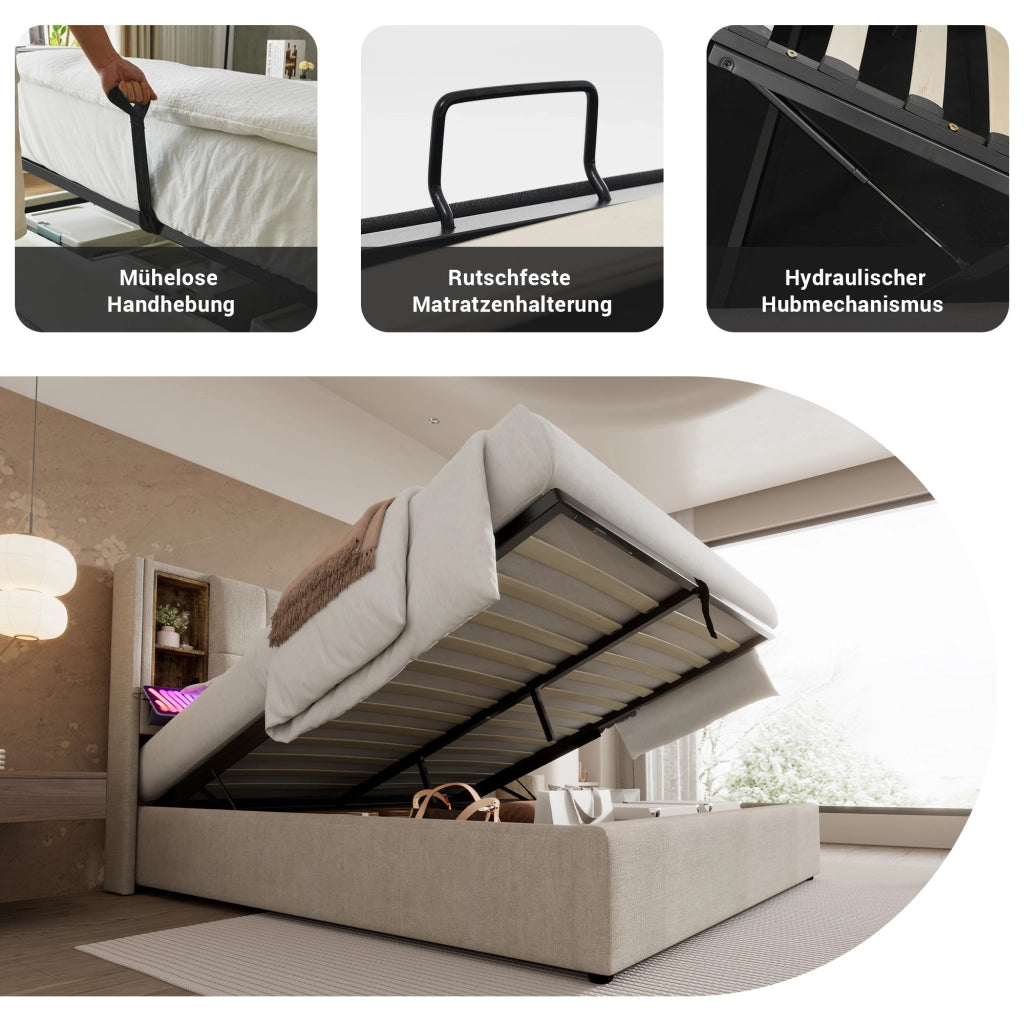 LETTO Contenitore 160x200 cm Lino Naturale con ricarica wireless USB-C