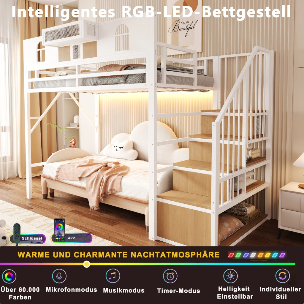 Letto a soppalco - letto singolo 90 x 200 cm in metallo con scaletta contenitore, illuminazione, ripiano e sponde rialzate, bianco