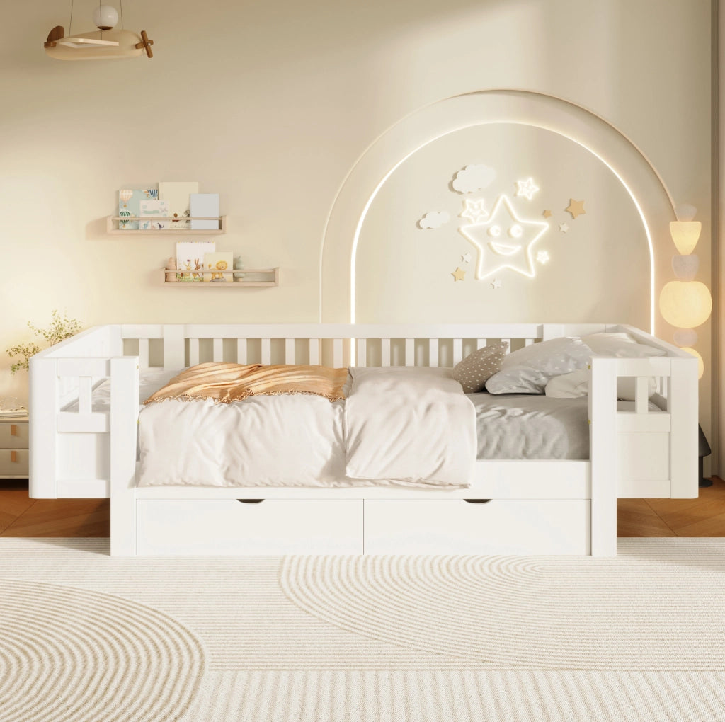 Letto a piattaforma 90x200 cm con sponde alte e due ampi cassetti, bianco