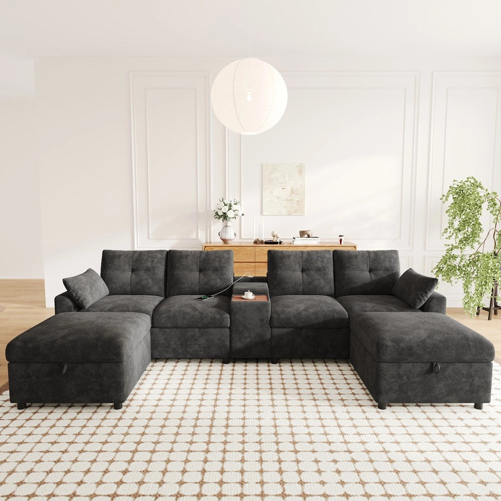 Divano angolare modulare 6 posti ¨C Minimal ¨C Grigio tessuto chenille con contenitori poggiapiedi porta bevande USB Type-C
