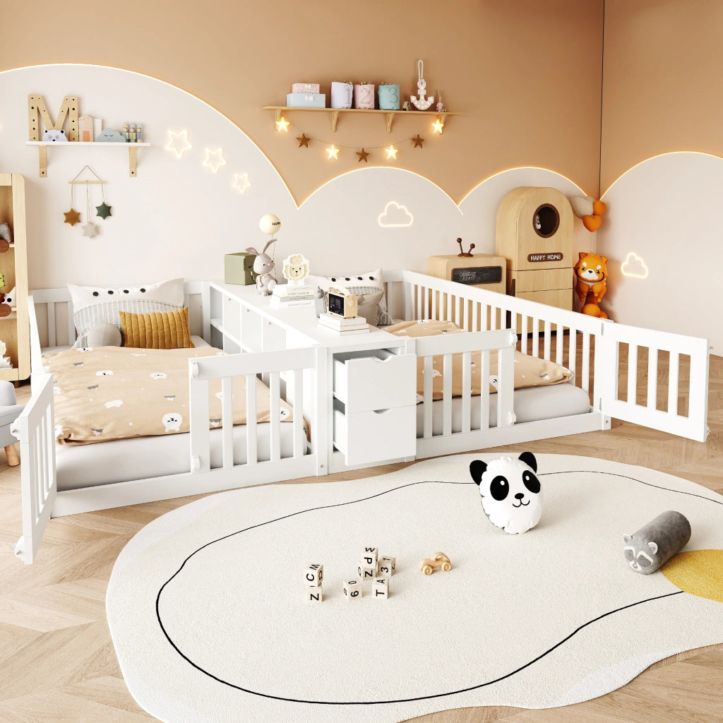 LETTO Doppio 90x200 cm in legno bianco con scaffale e 2 cassetti