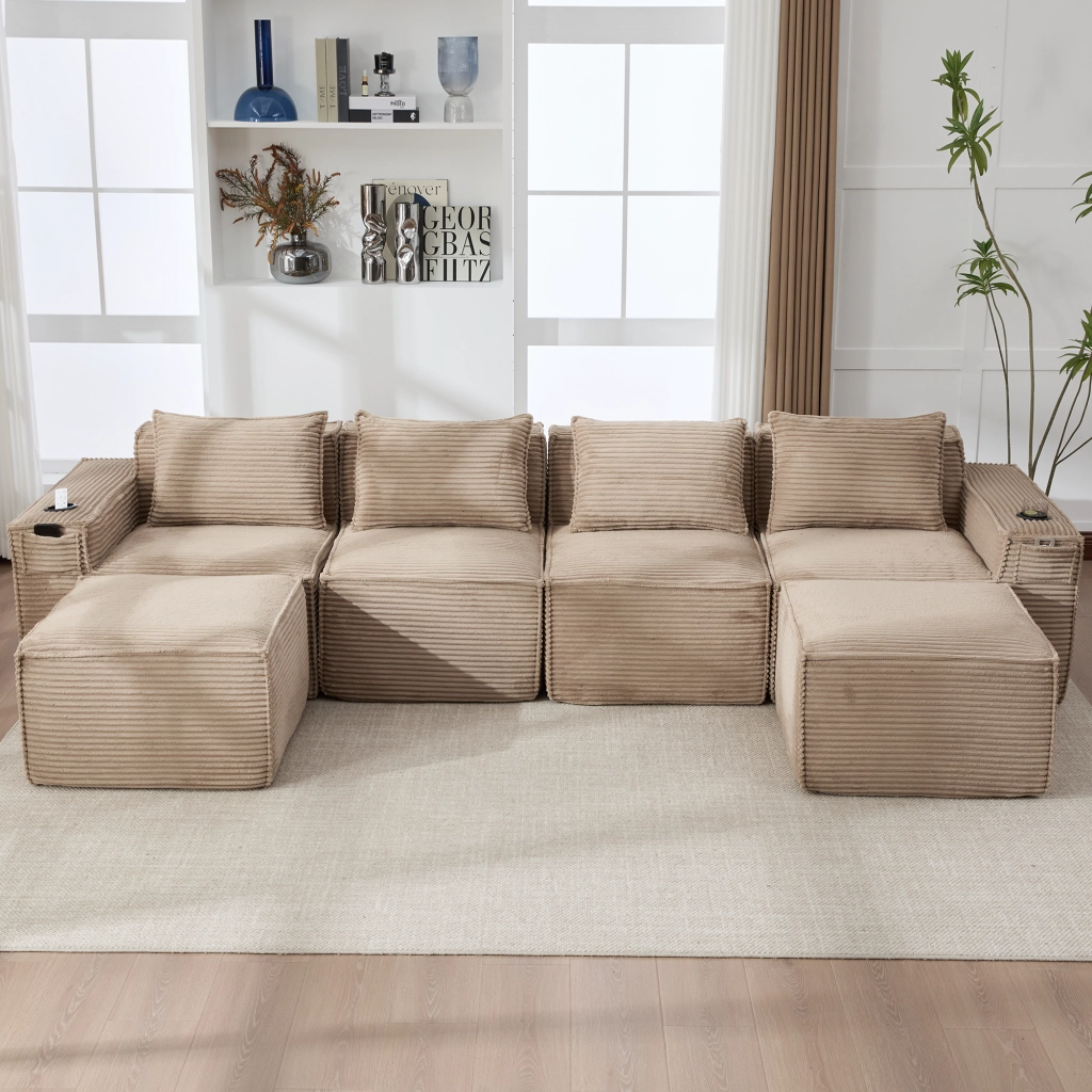 Divano modulare a 4 posti in velluto a coste kaki con 2 pouf portabevande e tasche laterali 330 × 162 × 75 cm