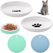 Piatti per Gatti in Ceramica 2 Pezzi Set di Piatti per Gatti con 2 Tappeti Antiscivolo per Ridurre la Fatica dei Ciuffi con Piatti per Gatti Ampi