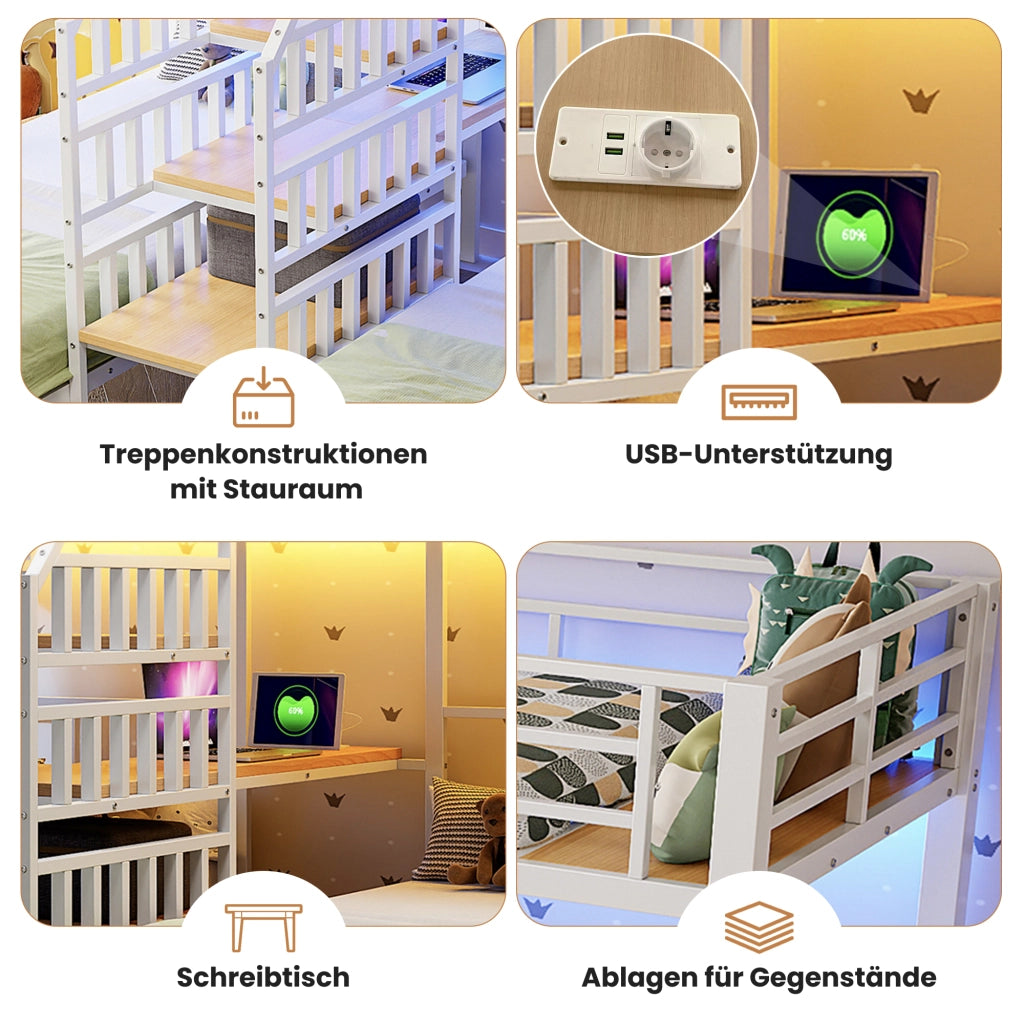 Letto a castello 90 x 200 cm, 3 letti, con striscia LED, scala con contenitore, 2 porte USB e 1 presa, scrivania, scaffale, Bianco