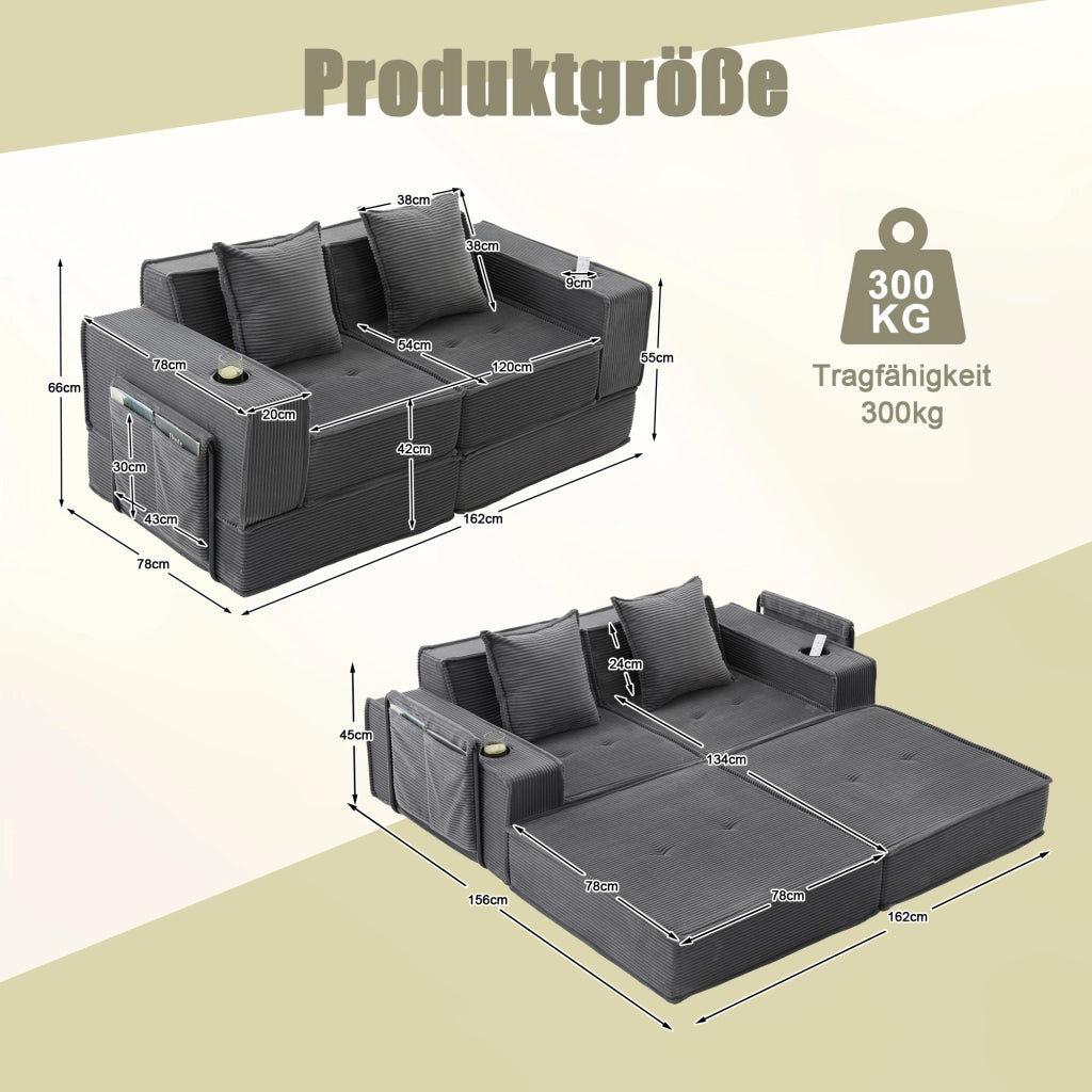 Divano 2 posti modulare 162x78x66 cm in velluto a coste grigio scuro
