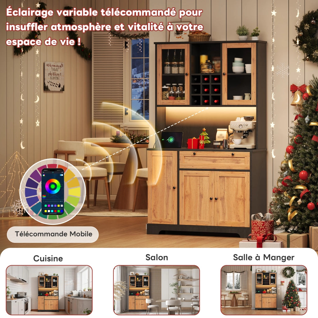 Mobile colonna da cucina con 5 ante; cassetto; ripiani regolabili; LED e prese nero naturale 180 × 105 × 40 cm