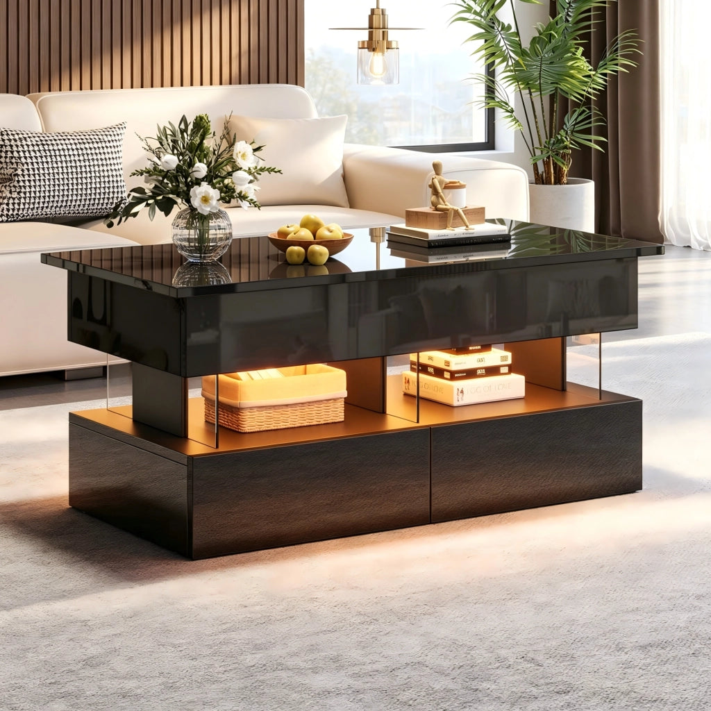 Tavolino da caffè nero 100x50x46 cm con piano sollevabile, 2 cassetti e LED controllabile via app