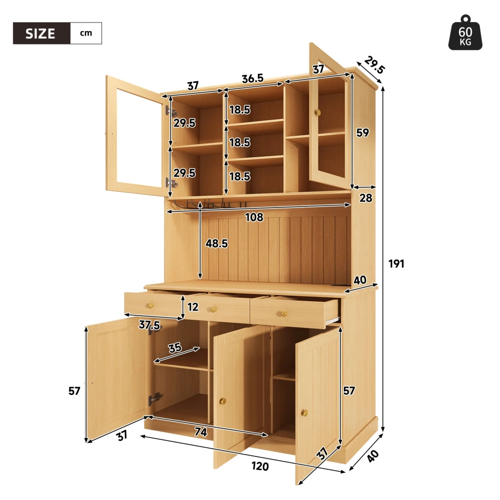 Credenza Alta da Pranzo 120x40x191 cm, Colore Naturale, Ante in Vetro, Portabicchieri, Ampio Spazio, Presa Integrata con USB-C e USB-A