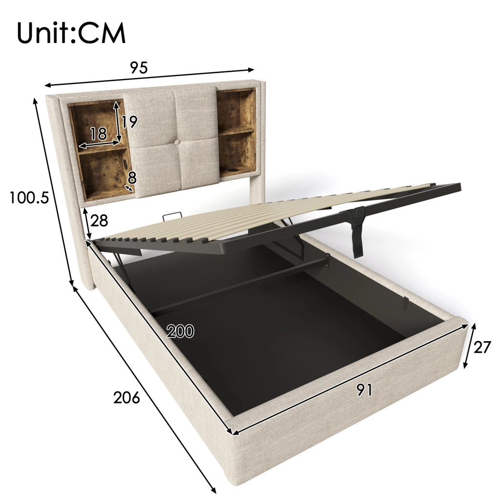 Letto imbottito 90 x 200 cm con ricarica wireless, USB-C e contenitore