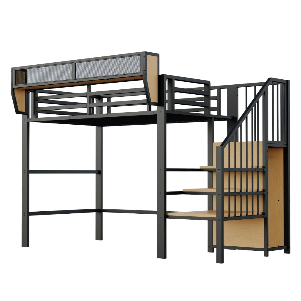 Letto a Soppalco per Bambini 90x200 cm con Scala di Sicurezza e Ripiano Regolabile; Metallo Nero