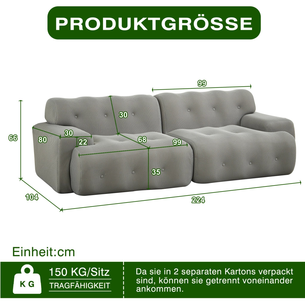 Divano 2 Posti Cloud con Braccioli Larghi e Bottoni ¨C MINIMAL ¨C Grigio