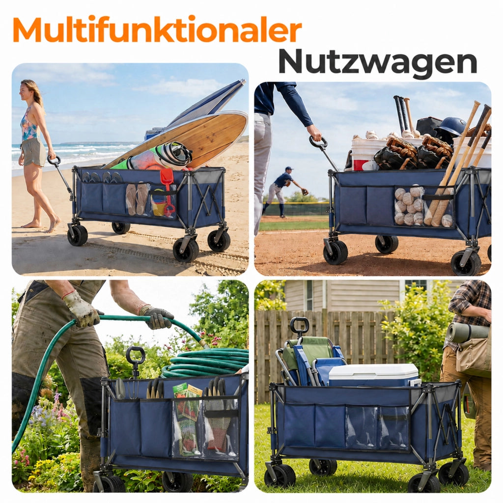Carrello pieghevole capiente con telaio in acciaio capacità statica 250 kg ruote fuoristrada e freni blu grigio