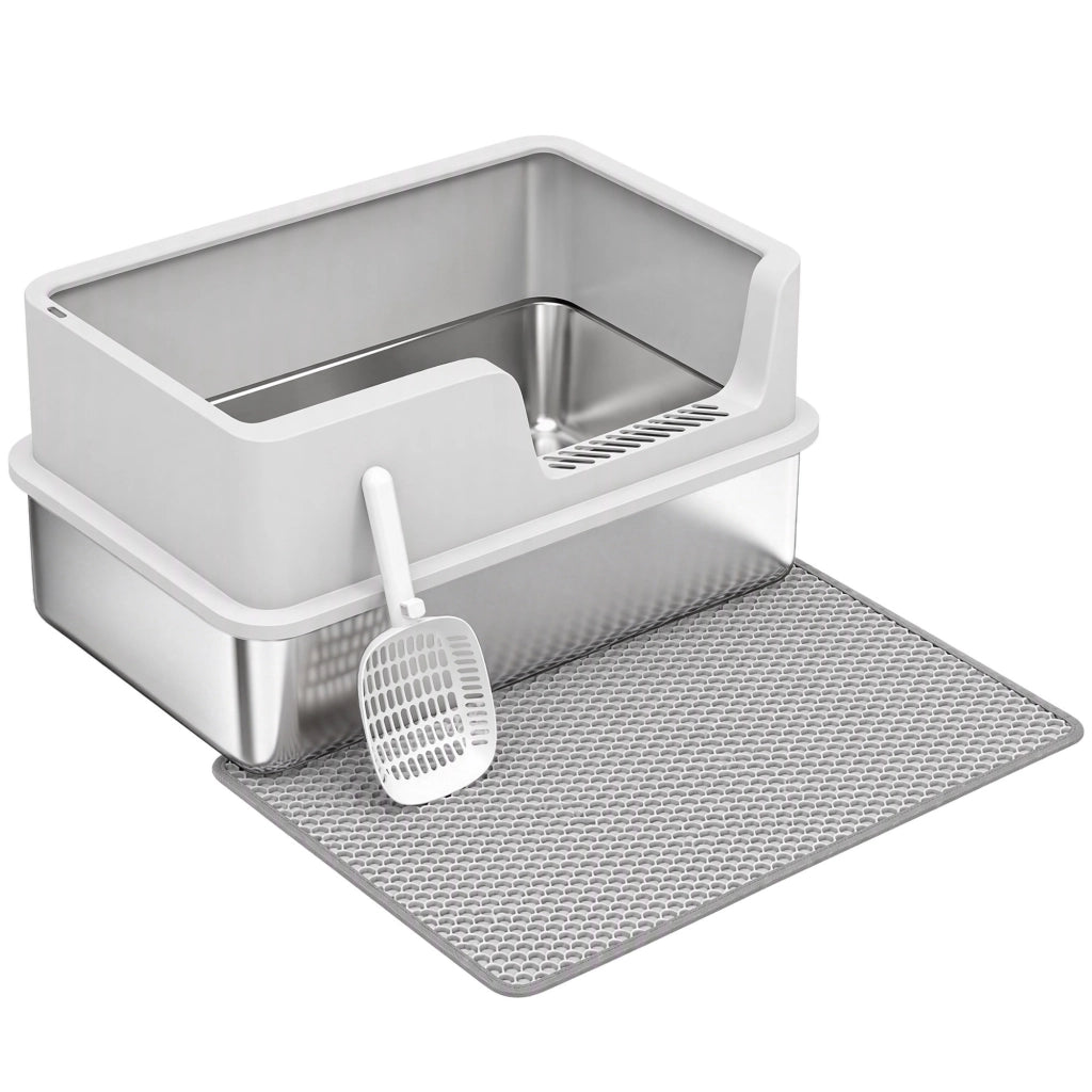 Bac Litière pour Chat en INOX XL Couvercle Bords Hauts Pelle Tapis