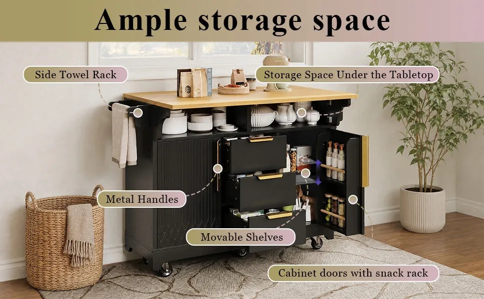 Isola cucina multifunzione con estensione tavolo posizionabile, ante a motivo verticale, ampio spazio con cassetti, piano ribaltabile su entrambi i lati, credenza su ruote