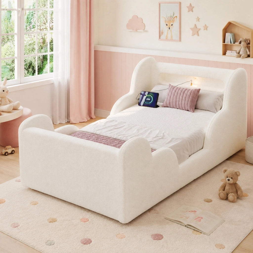 LETTO 90x200 cm imbottito con sponde, Bouclé beige, rete a doghe