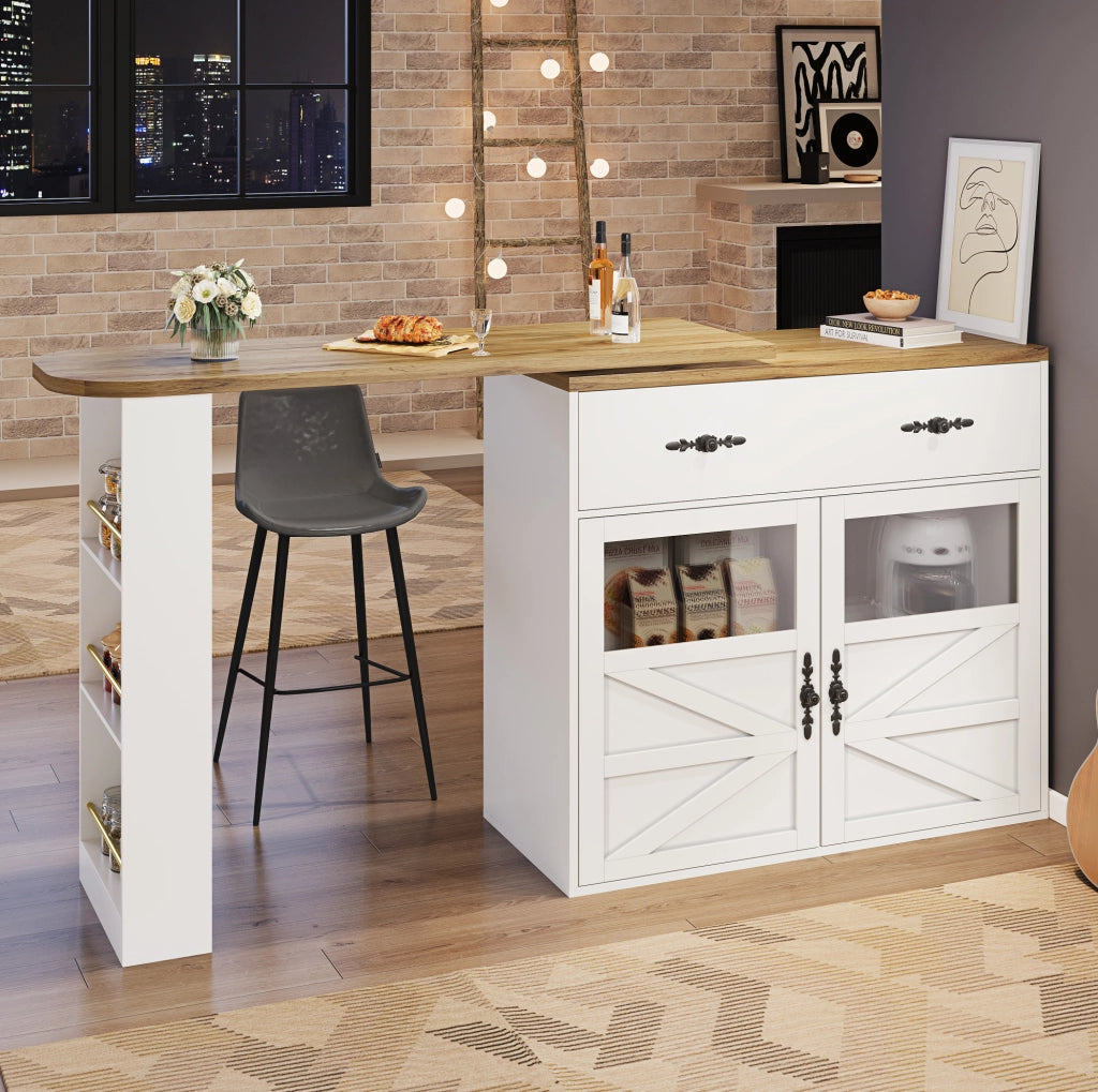 Tavolo bar girevole ed estensibile con contenitore 138-204x39x104 cm in MDF bianco con ripiani