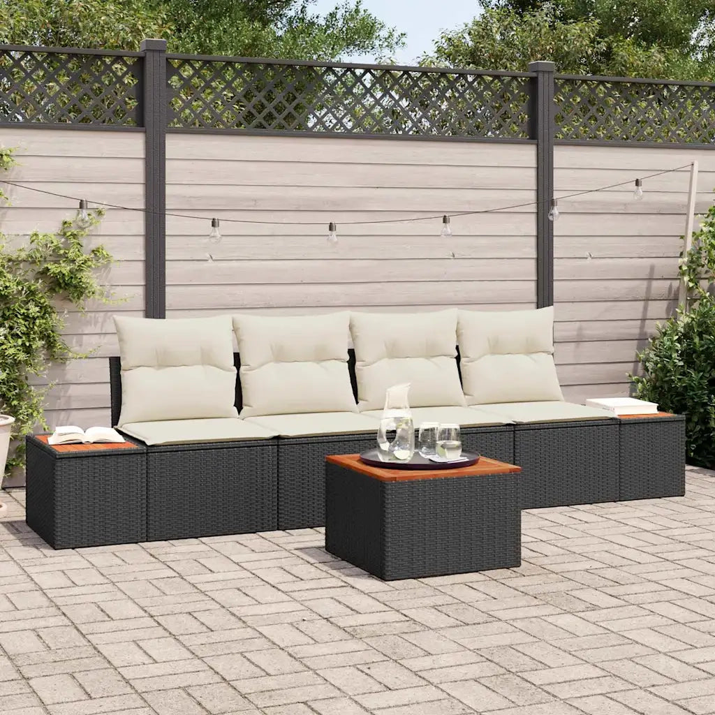 Set Divano da Giardino con cuscino 5 pcs Nero Poly Rattan