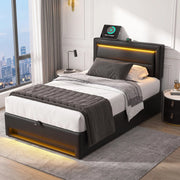 Letto imbottito 90x190 cm con USB, LED, contenitore e rete a doghe, PU, nero