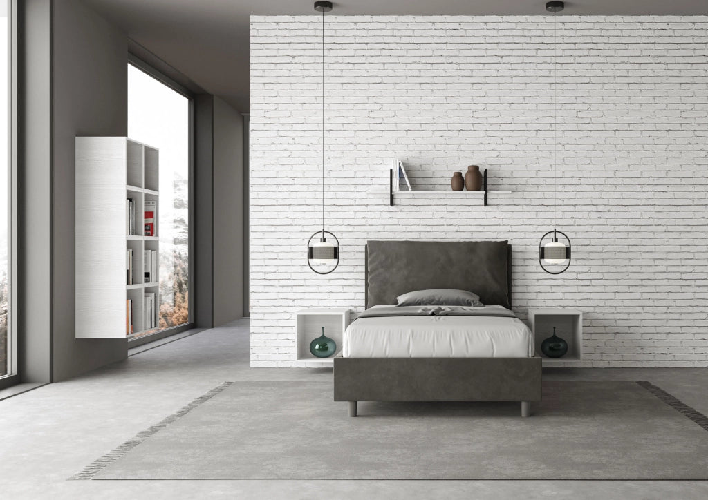 Letto 1 Piazza E Mezzo 130x210 cm con Rete e Contenitore Imbottito in Microfibra Antea Large Grigio