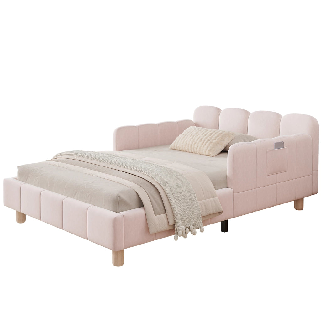 Letto singolo imbottito per bambini 90x200 cm in velluto rosa con testiera ergonomica