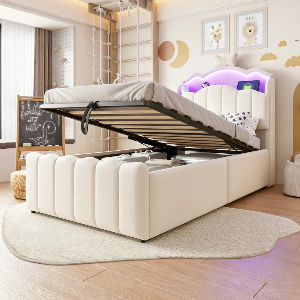 Letto per bambini imbottito 90 × 200 cm con contenitore idraulico testiera LED USB e USB C in velluto beige