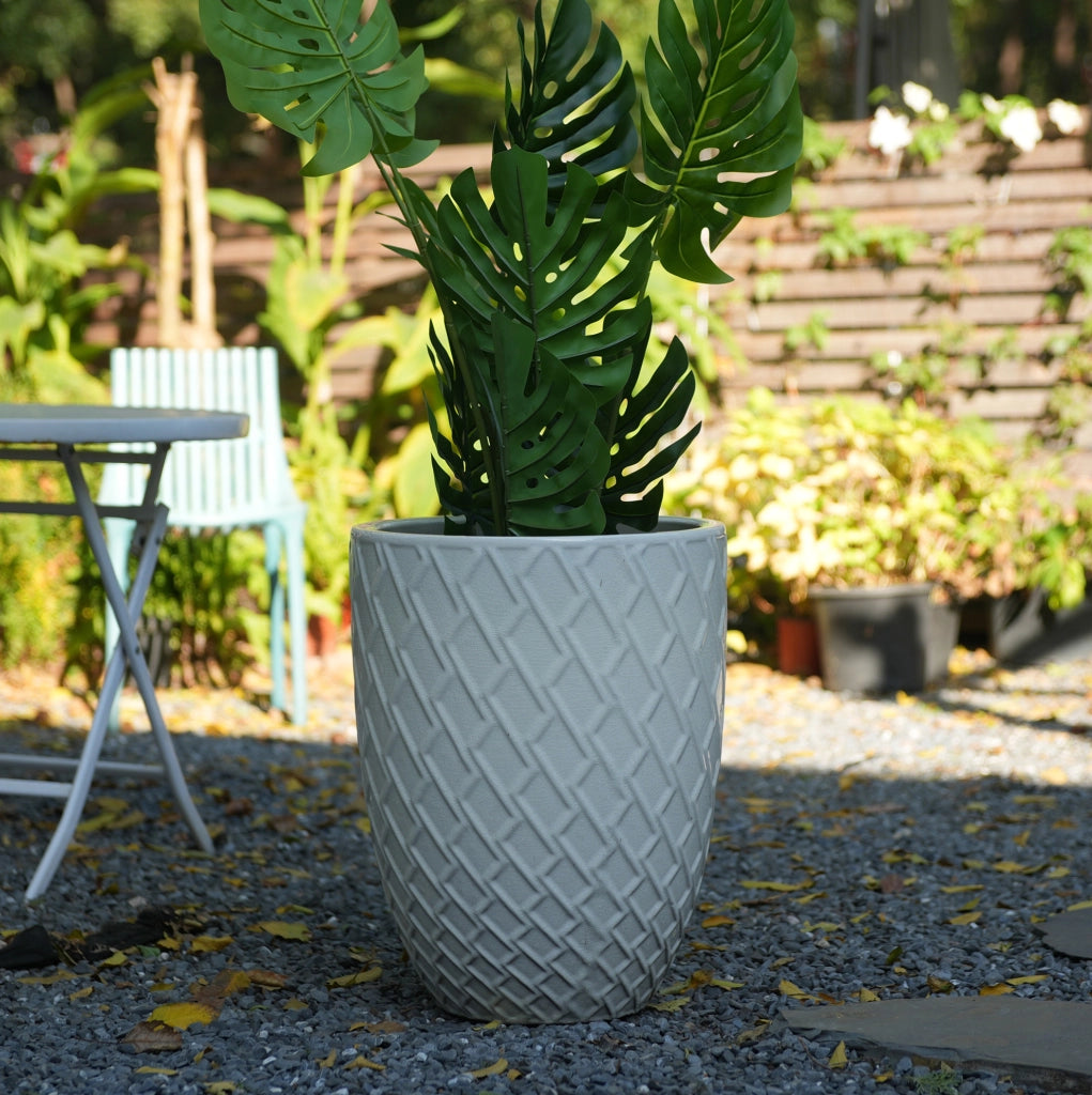 Grande Vaso da Fioriera in Ceramica Artigianale, 42 cm di Diametro × 54 cm di Altezza, Bianco Lucido con Motivo a Rombo, Traspirante e Resistente al Gelo con Fori di Drenaggio