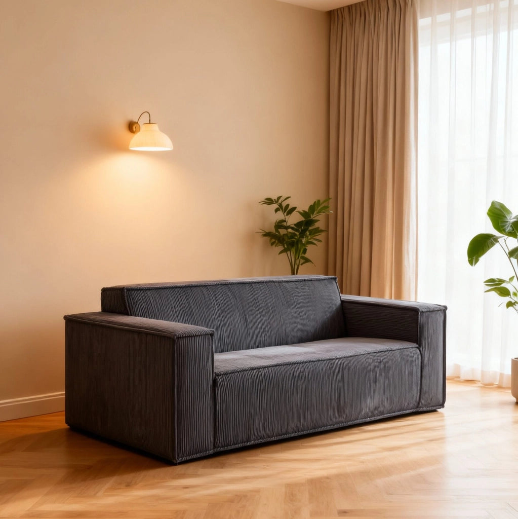 Divano 2 posti 178x86x70 cm in velluto a coste grigio, seduta profonda