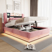 Letto imbottito 140 × 200 cm con vano idraulico LED e USB rivestito in velluto rosa struttura in metallo