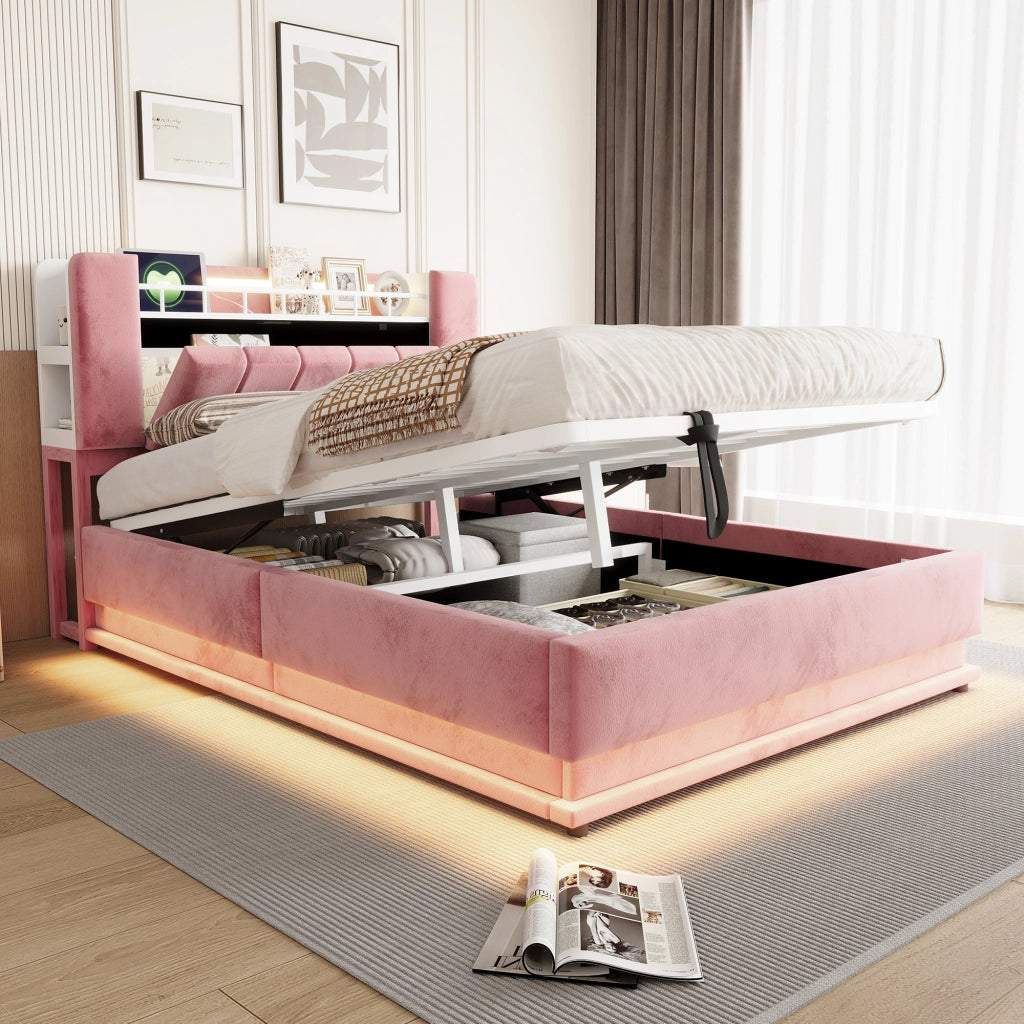 Letto imbottito 140 × 200 cm con vano idraulico LED e USB rivestito in velluto rosa struttura in metallo