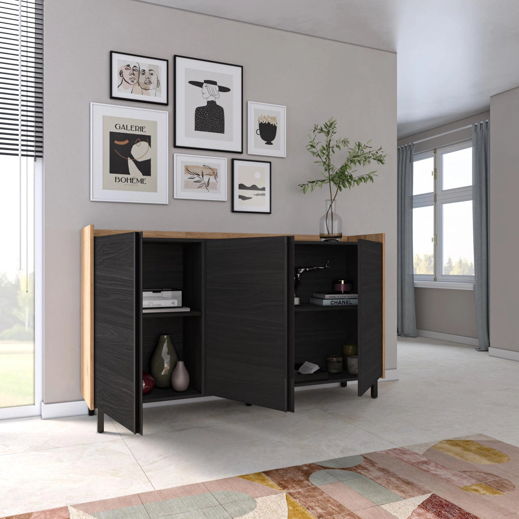 Credenza, Mobile, Cucina, 156x91x35 cm, 3 Porte, Design industriale, Nero e rovere
