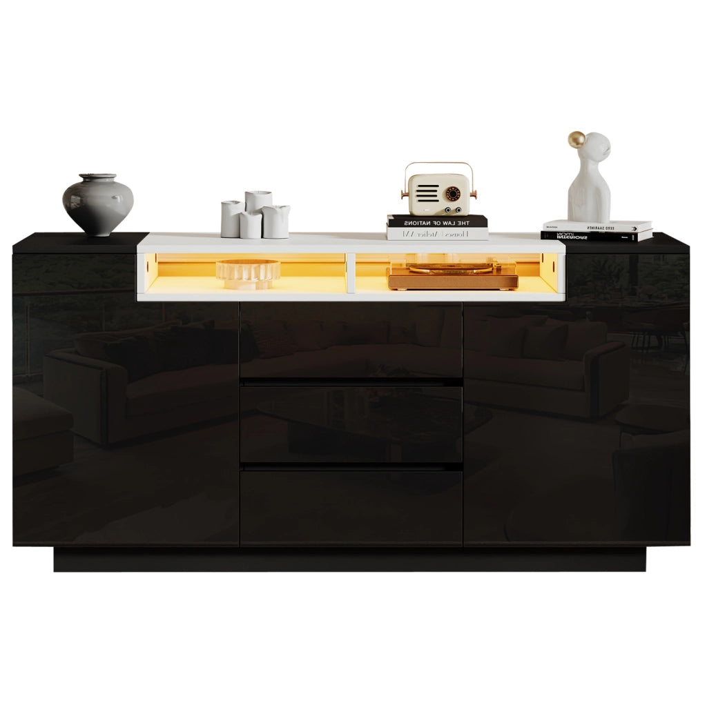 CREDENZA LED 140x40x68 cm con 2 ante e 3 cassetti in truciolare nero