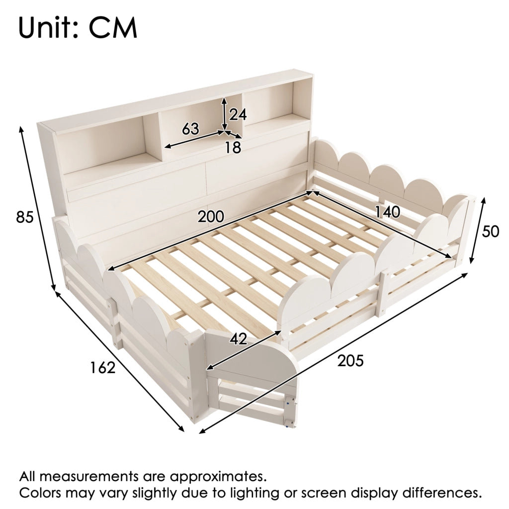 Letto da terra per bambini 140x200 cm bianco con protezione anticaduta, porta e scaffale integrato in legno di pino