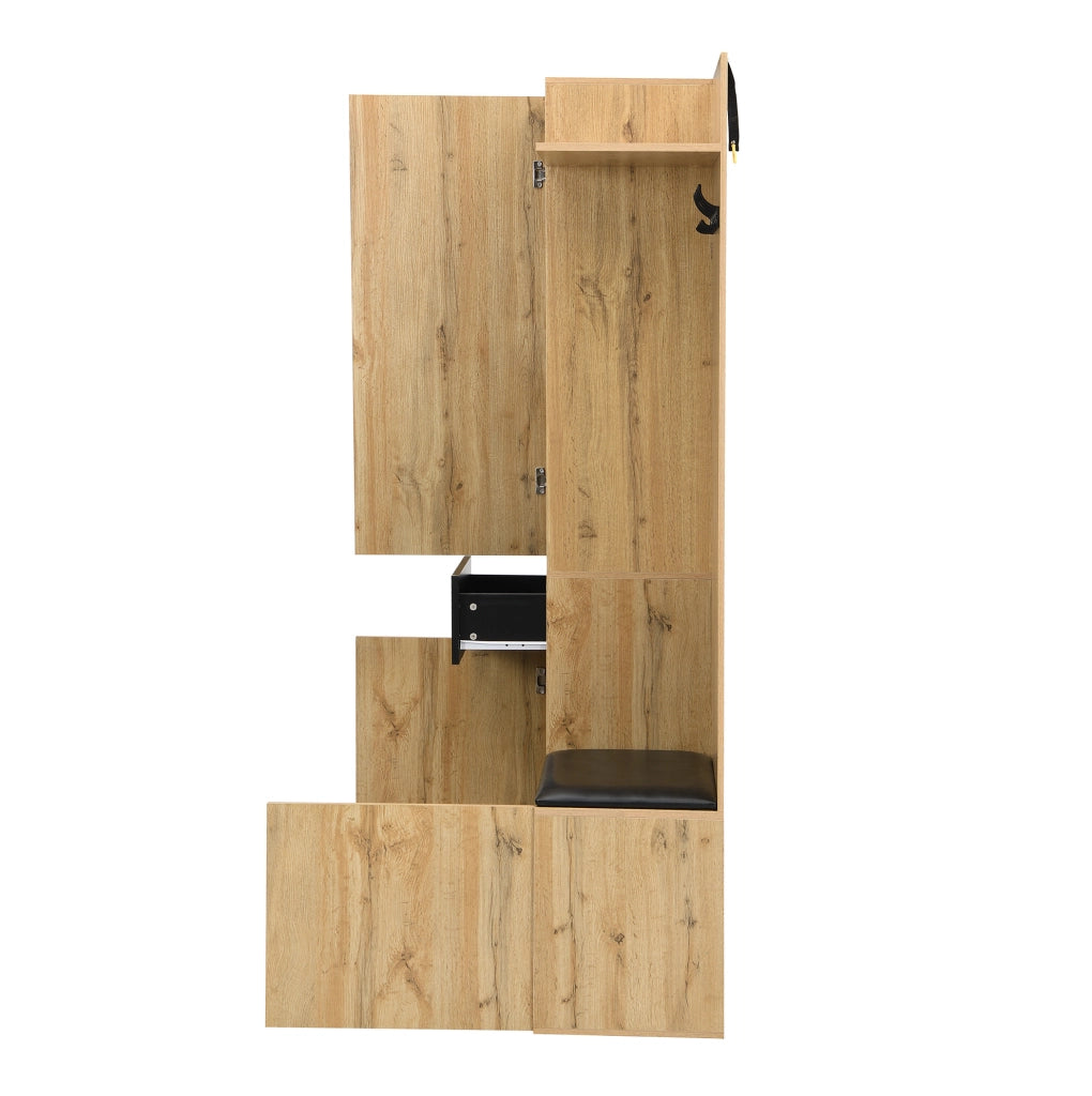 Set ingresso con appendiabiti a 5 ganci, specchio, armadietto porta scarpe e panca, struttura in MDF, 98,5x38x191 cm, colore legno e nero