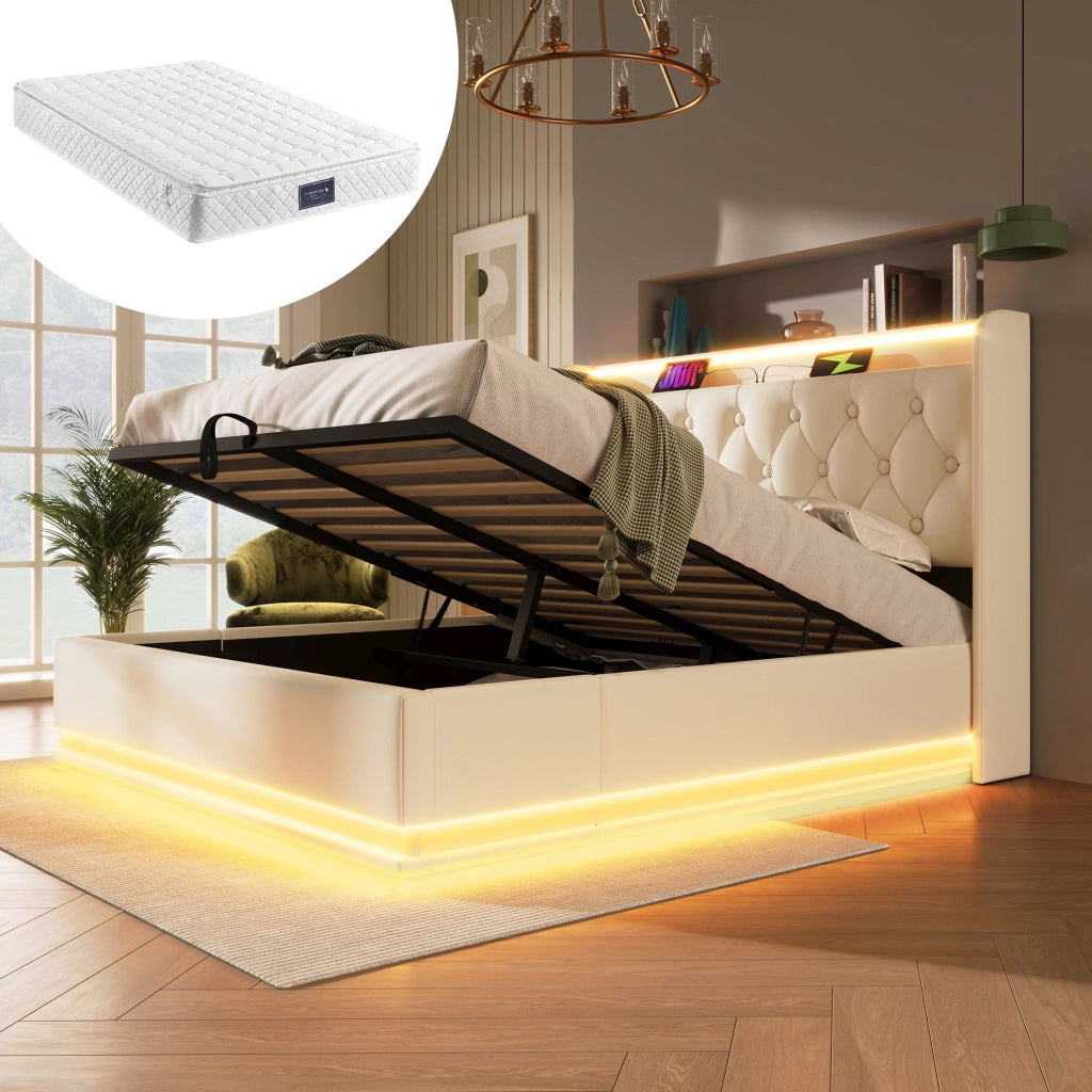 Letto matrimoniale contenitore 140 ¡Á 200 cm in PU bianco con LED a 360 gradi testiera USB e Type-C rete a doghe