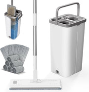 Asciugamano per pavimenti con set di microfibra piatta - Manico in acciaio inossidabile - Due camere - Funzione di espulsione dell'acqua - Bianco
