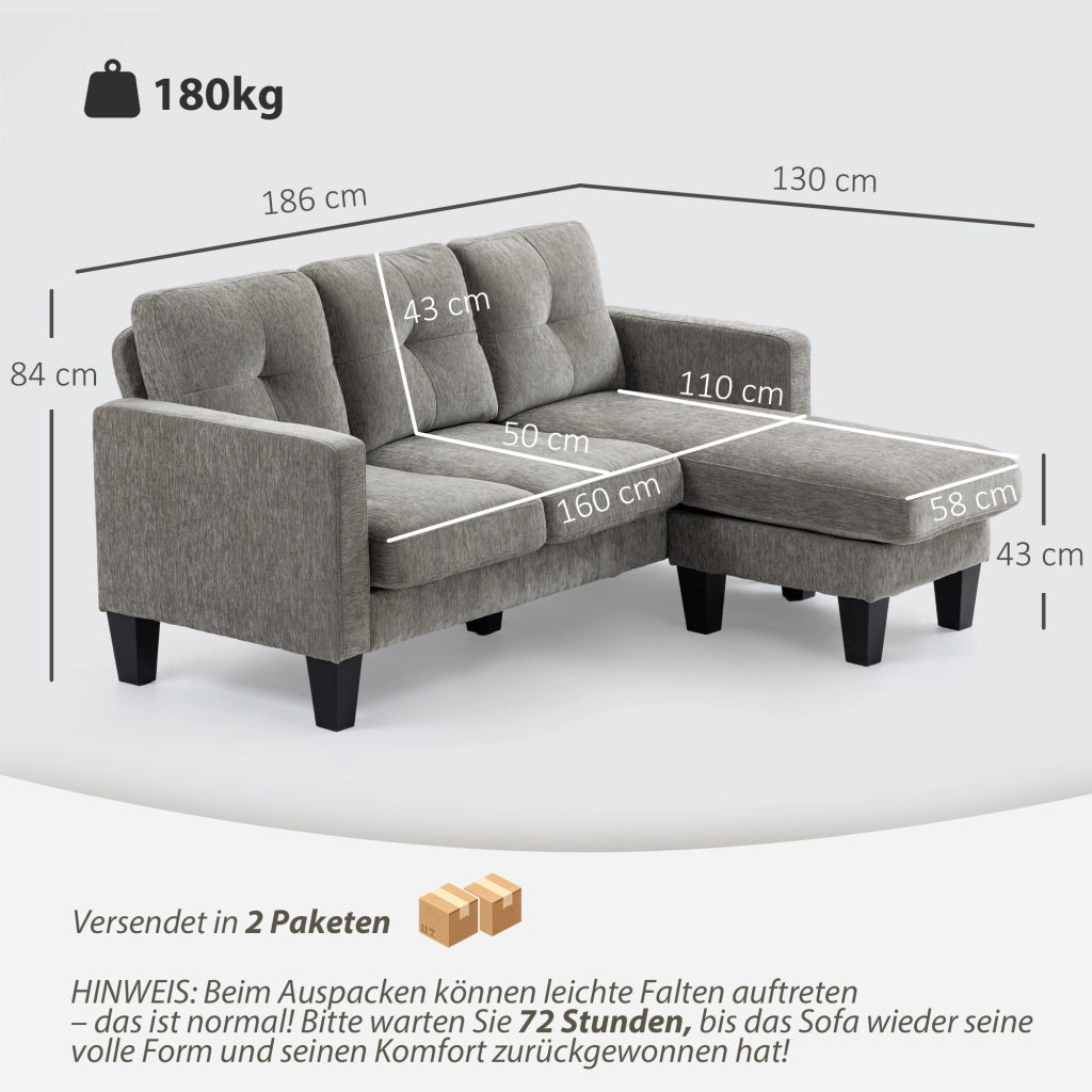Divano angolare con chaise longue reversibile ¨C Minimal ¨C Lino, 186x130x84 cm, Marrone