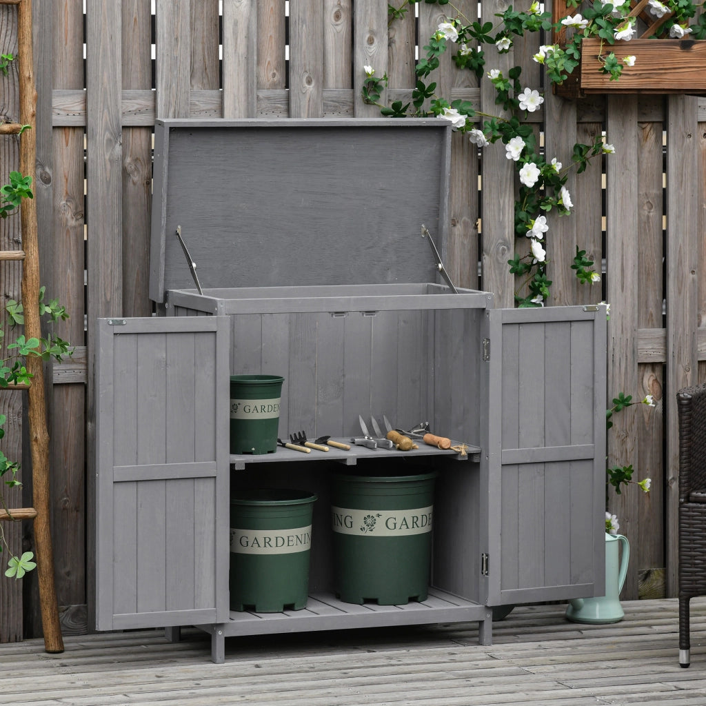 Armadio da giardino in legno verniciato con doppia porta e 2 ripiani grigio resistente alle intemperie