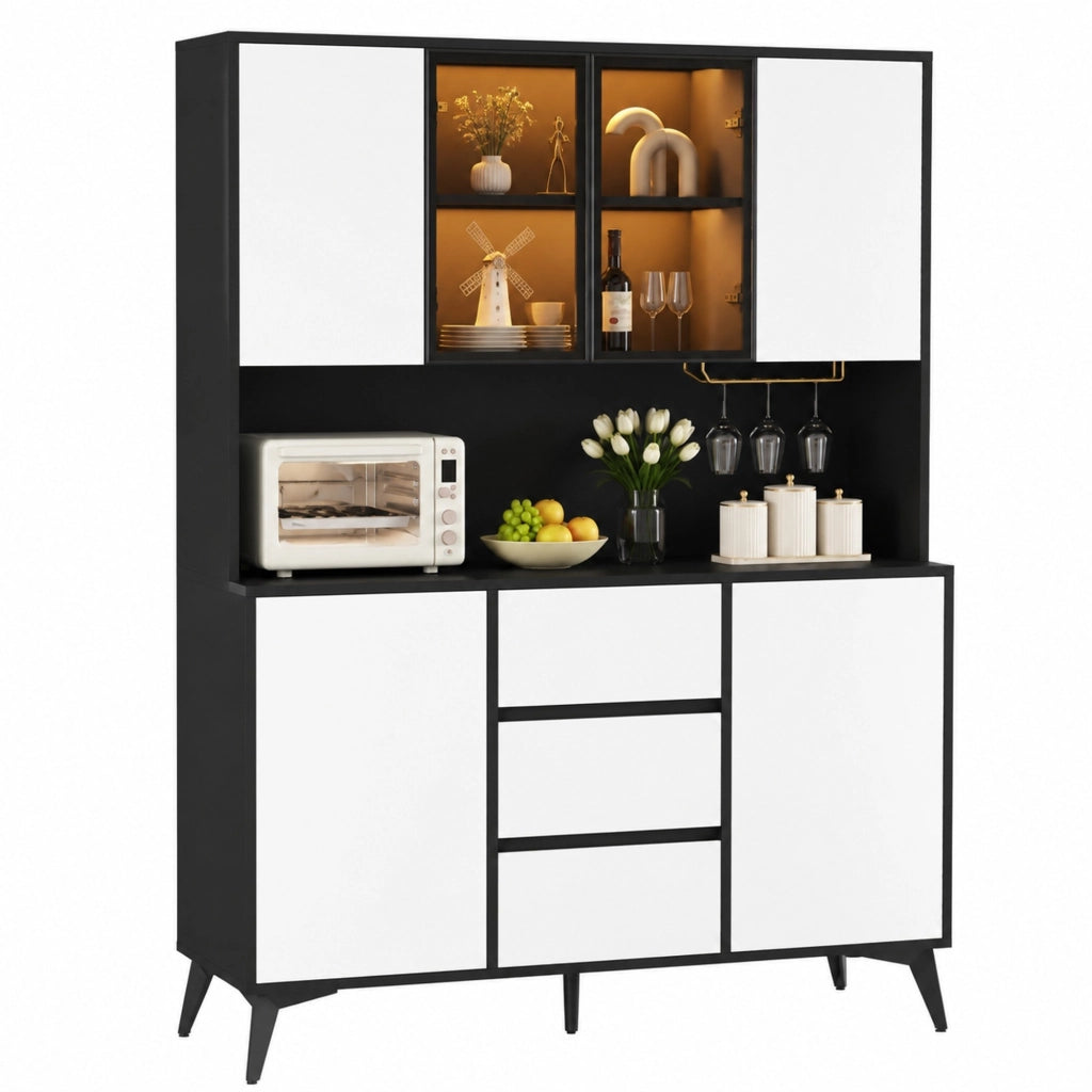 Credenza alta 120 cm con vetrina LED e portabicchieri