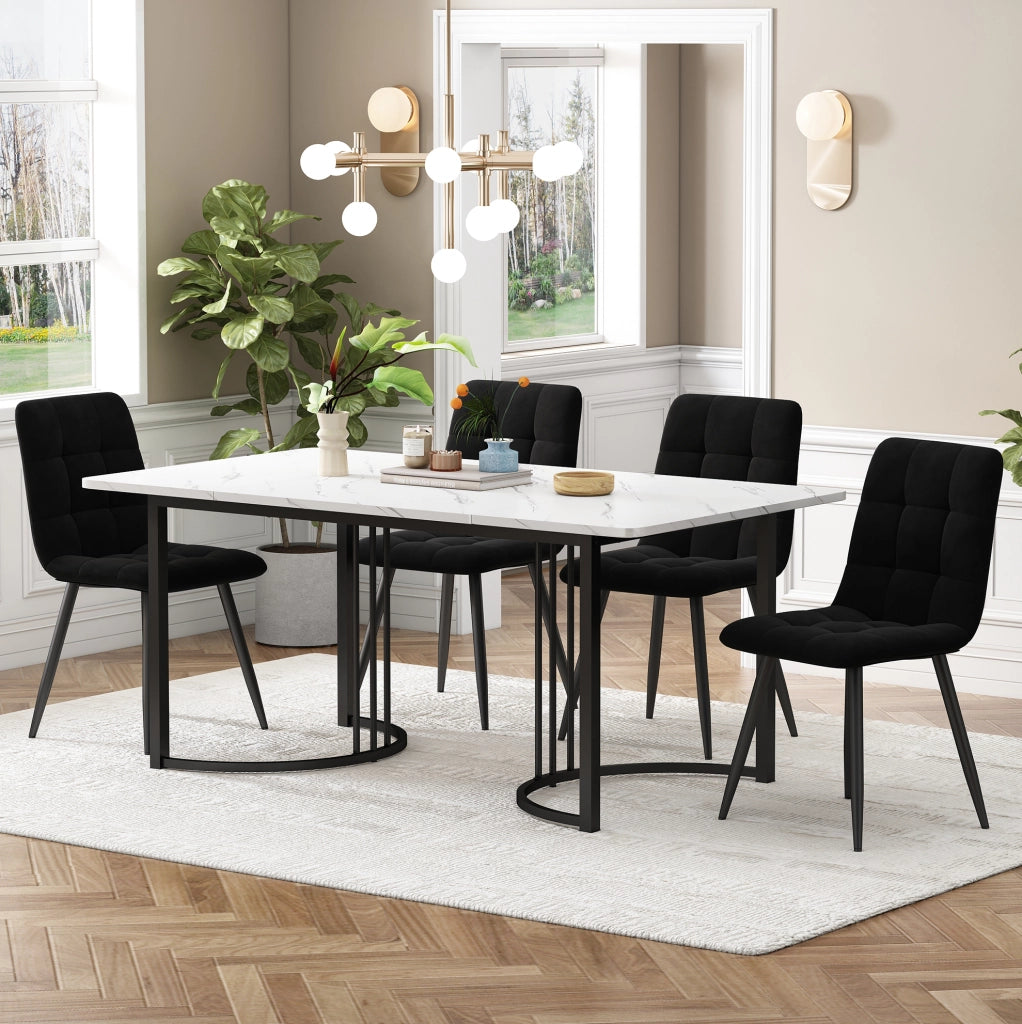 Set tavolo da pranzo 140x80 cm con 4 sedie in velluto nero; piano MDF bianco effetto marmo
