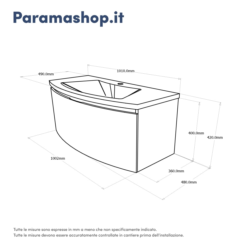Mobile sospeso 100 cm grigio lucido con un cassetto e lavabo in ceramica, frontale curvo | Lula
