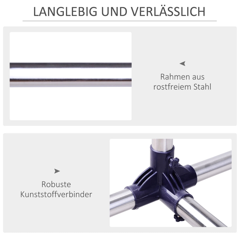 Appendiabiti con ruote regolabile in altezza e larghezza, struttura in acciaio inox, da 86 a 160 cm di larghezza