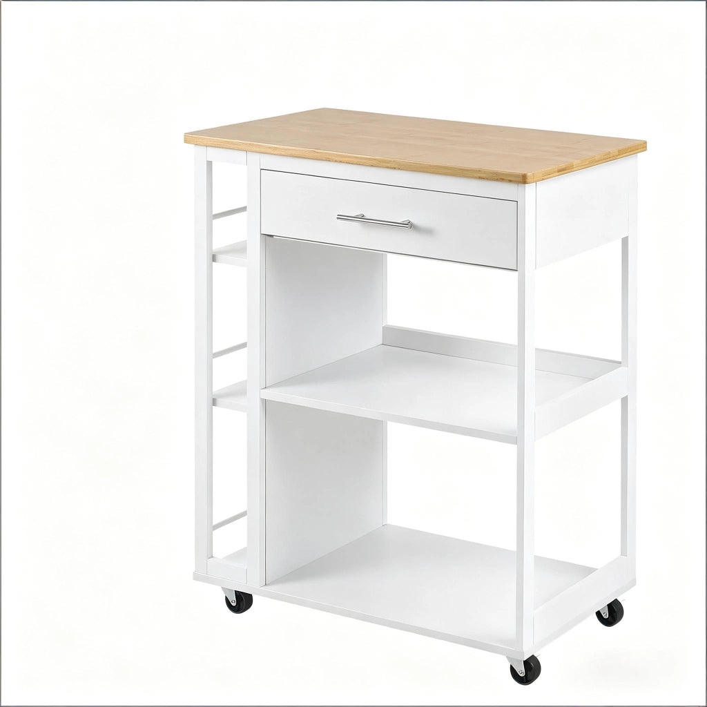 Carrello da cucina con cassetto; ripiani aperti e 4 ruote con freno in MDF bianco effetto legno